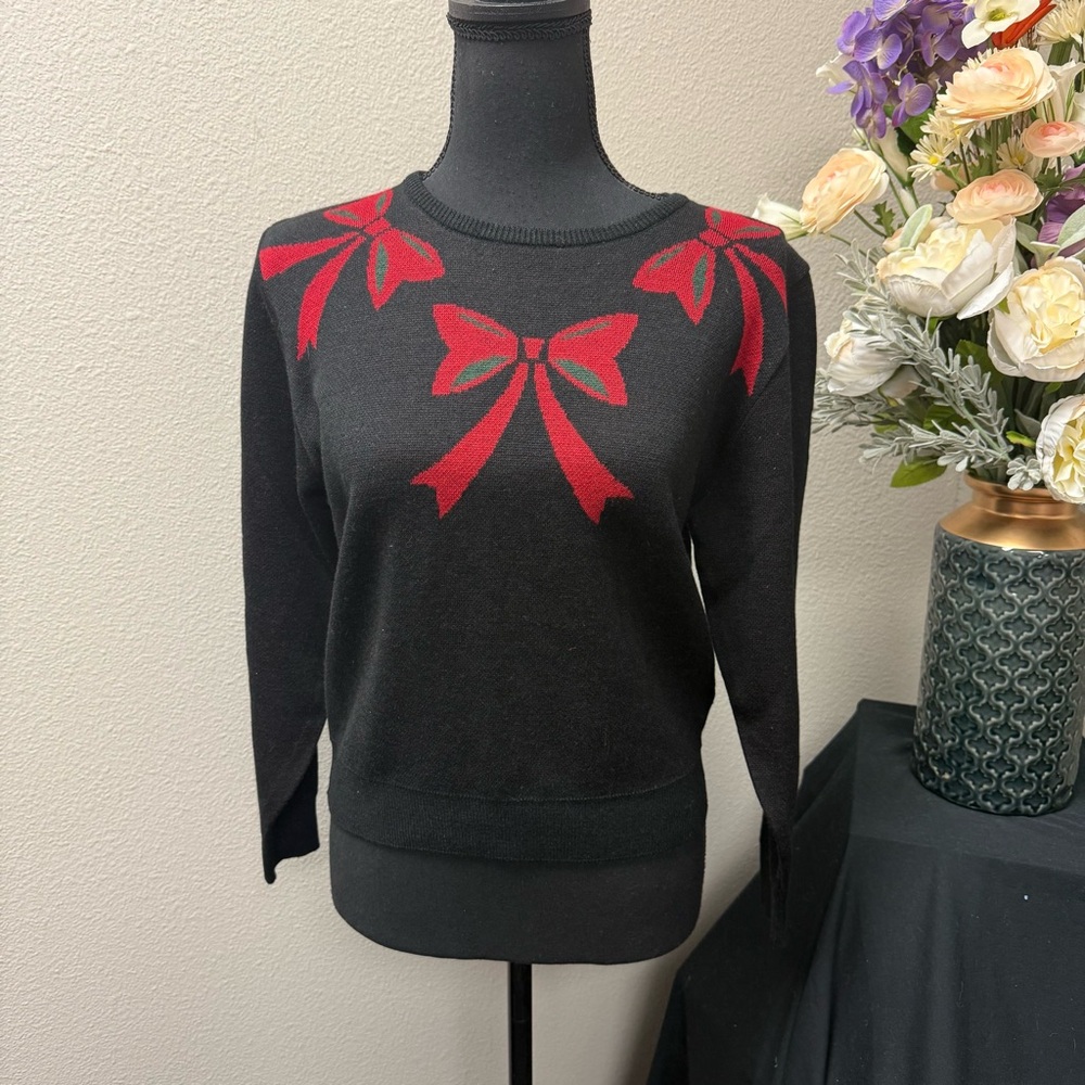Ronnefem Vintage Black Red Bow Sweater | Holiday Winter Festive Knit L